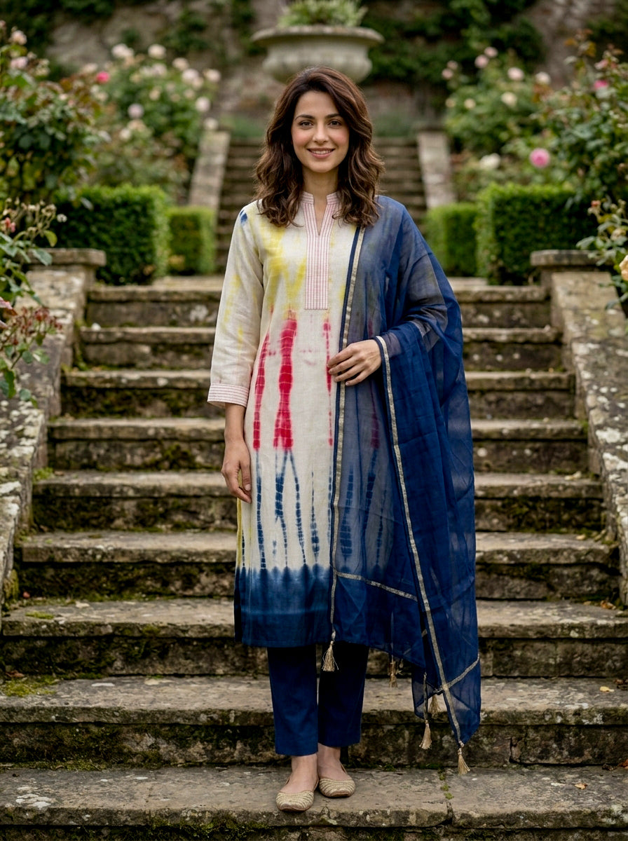Ivory Tie-Dye Cotton Kurta with Blue Pants & Chanderi Dupatta — view 6