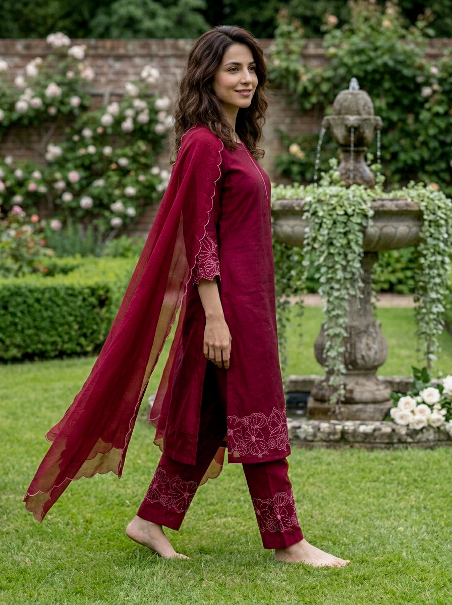 Wine Red Embroidered Chanderi Silk Suit Set with Pants & Dupatta — dupatta side view
