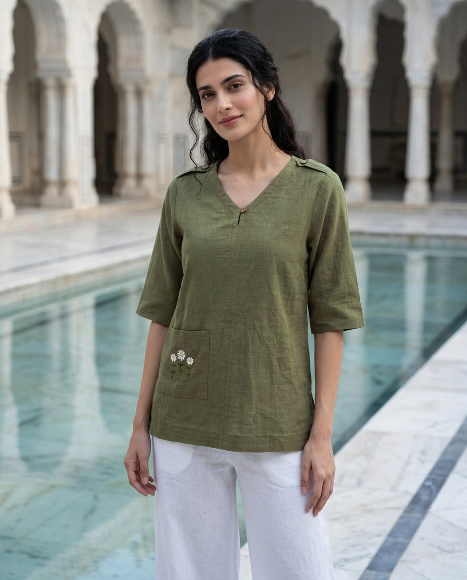 Olive Hand-Embroidered Cotton Slub V-Neck Top — front view