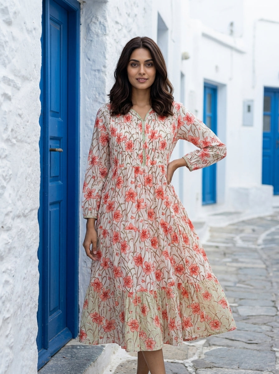 White & Peach Floral Handblock Tiered Cotton Dress — front view