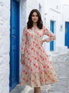 White & Peach Floral Handblock Tiered Cotton Dress — front view