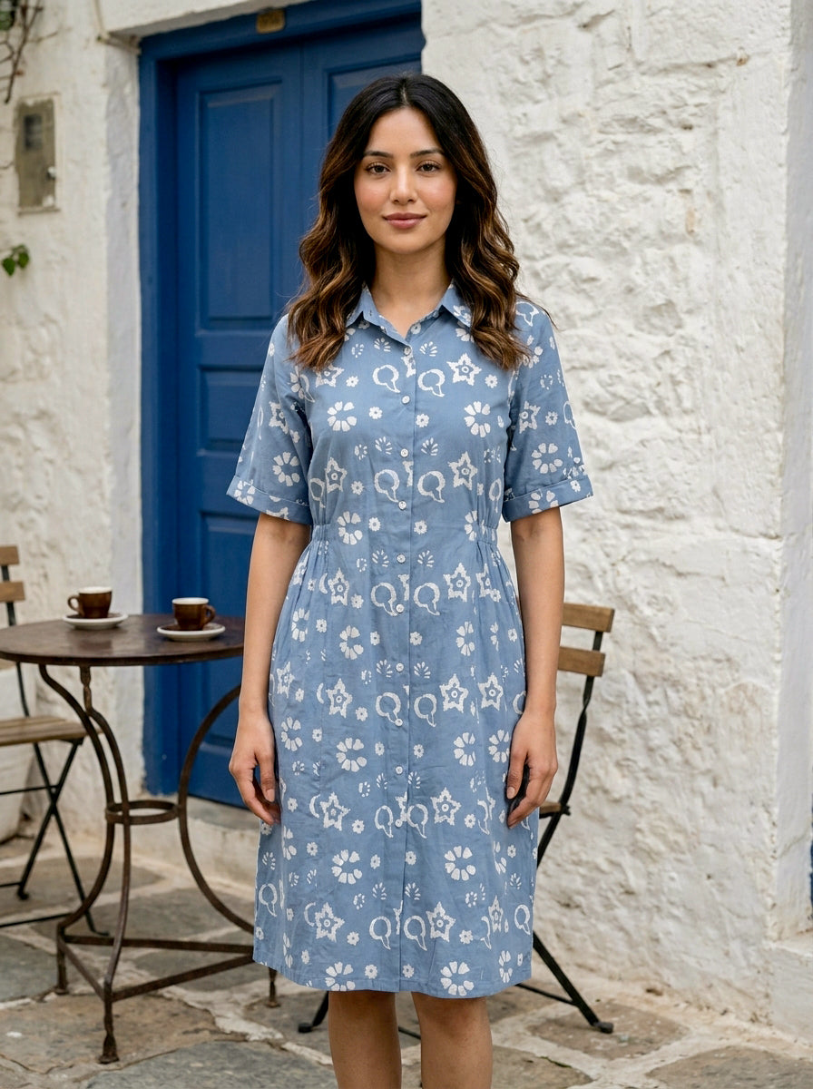 Blue Handblock Cotton Collar-Neck Straight Dress — front view