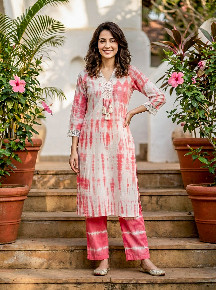 Coral Tie-Dye Cotton Co-ord Set with Lace Trim — front view