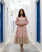 White & Peach Floral Handblock Tiered Cotton Dress — front view