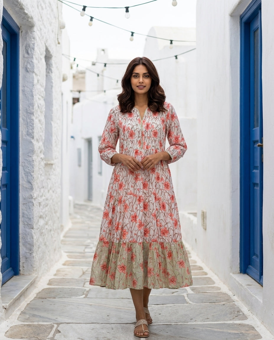 White & Peach Floral Handblock Tiered Cotton Dress — front view