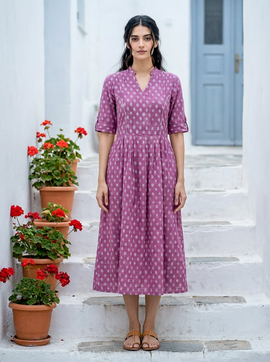 Purple Handblock Cotton Mandarin-Collar Dress with Elastic Back — front view
