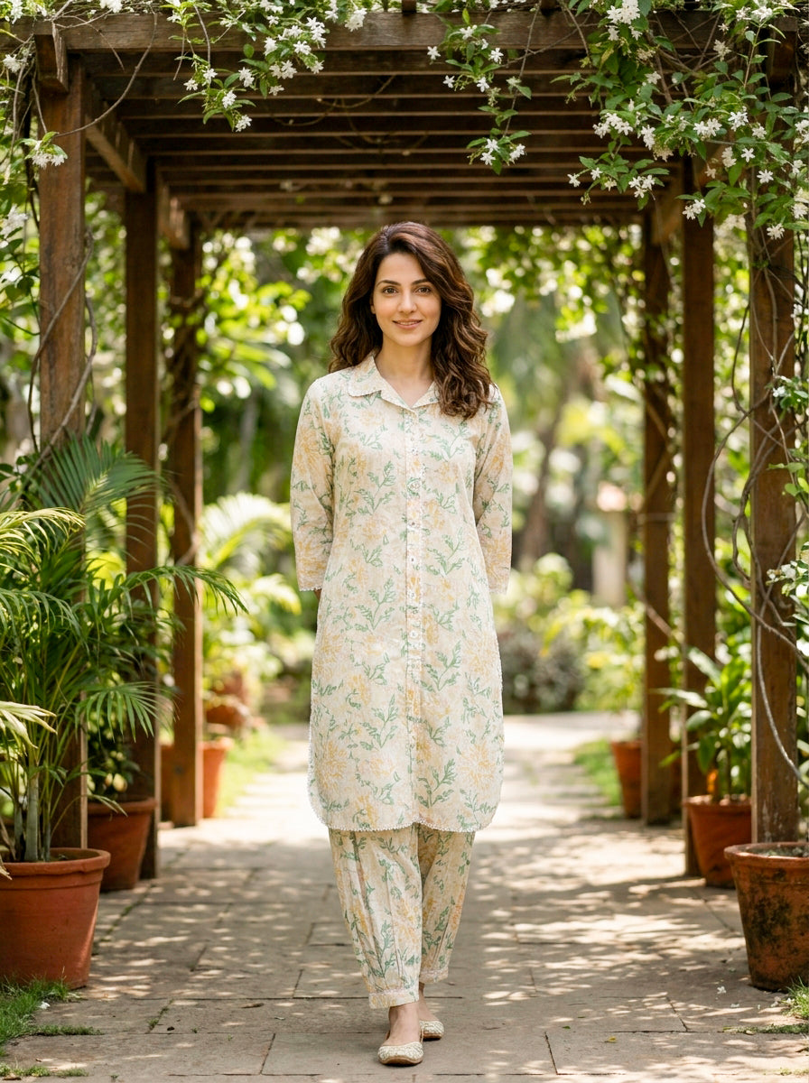Ivory Botanical Handblock Cotton Co-ord Set — front view