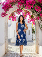 Indigo Handblock Sleeveless Cotton V-Neck Dress — front view