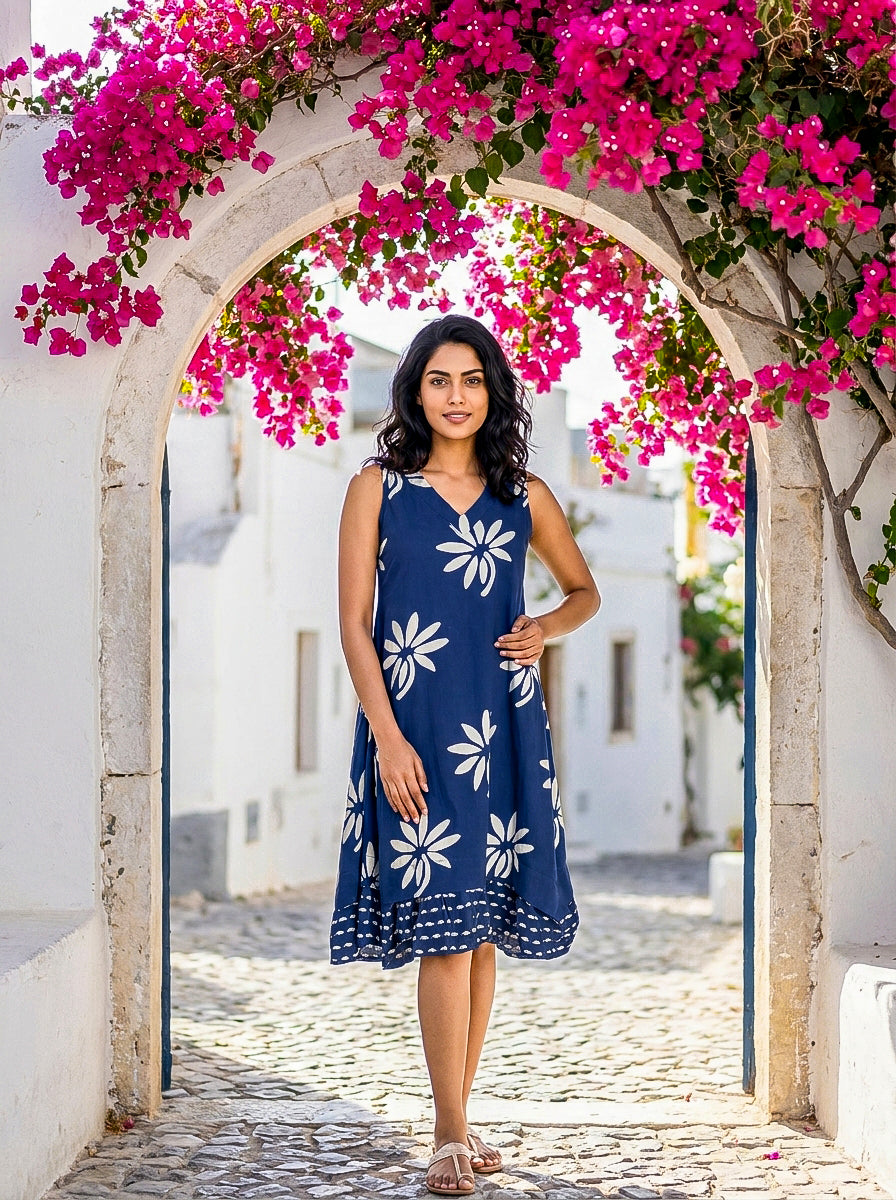 Indigo Handblock Sleeveless Cotton V-Neck Dress — front view