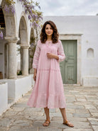 Pink Kota Doriya Round-Neck Dress with Lacey Sleeves — front view