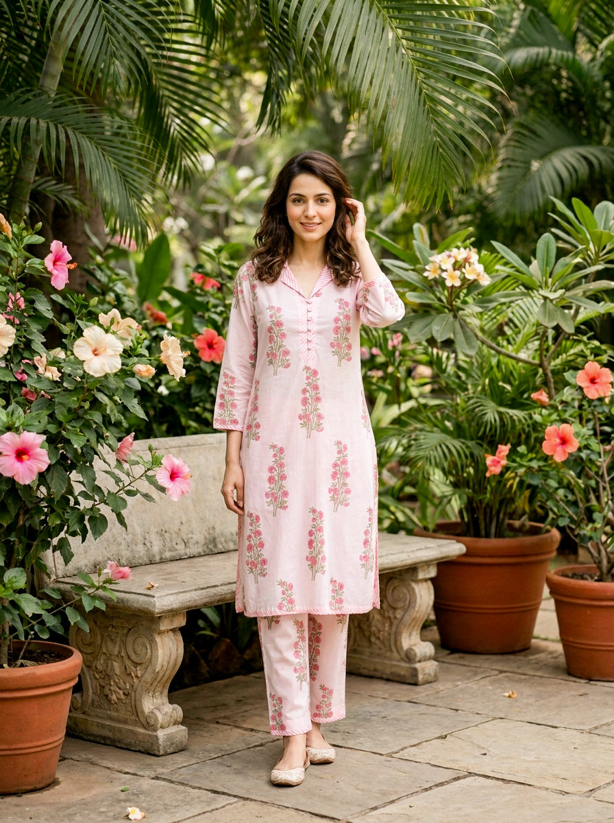 Baby Pink Floral Handblock Cotton Co-ord Set — front view