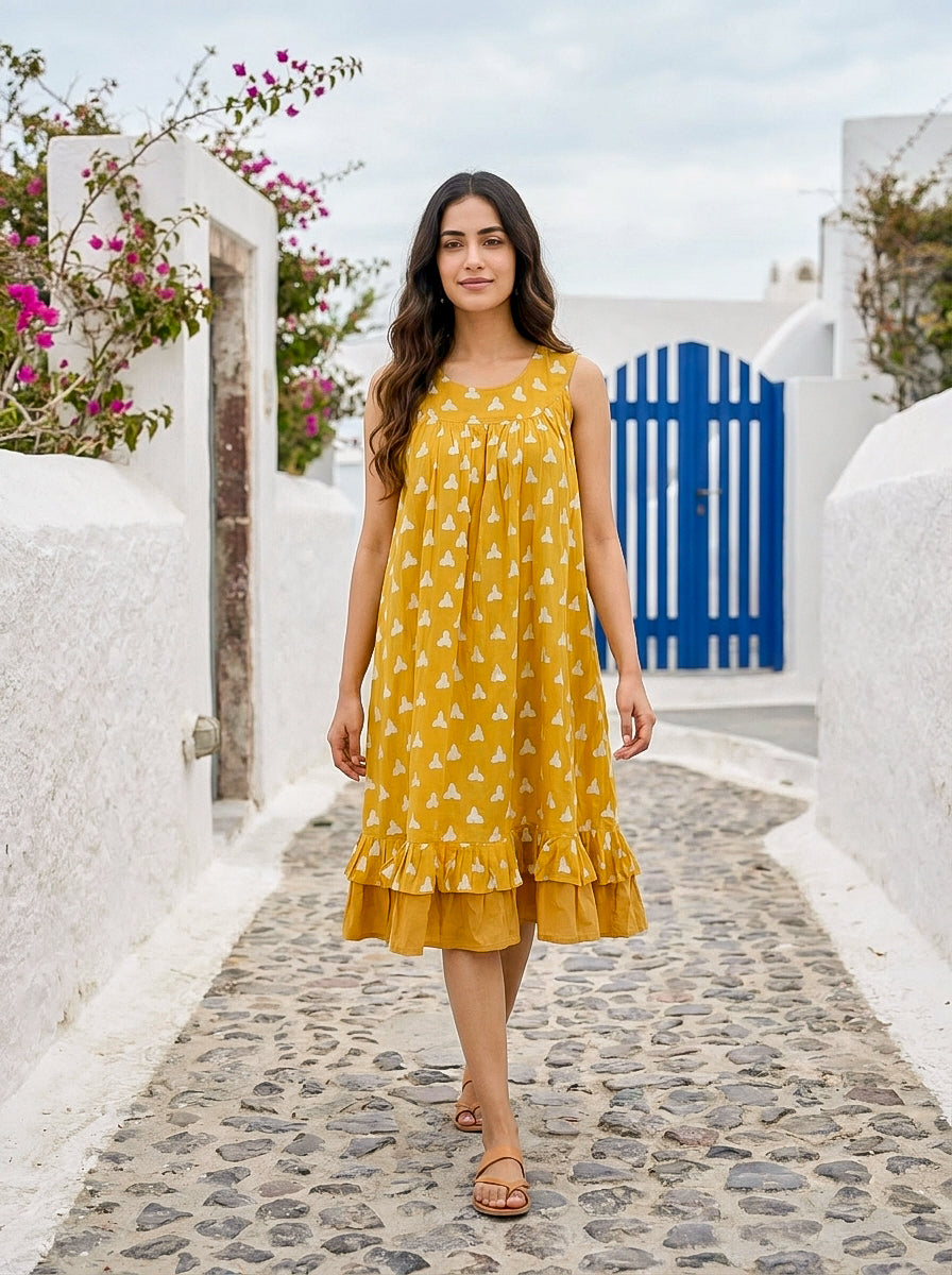 Yellow Handblock Sleeveless Cotton Dress with Frill Sweep — front view