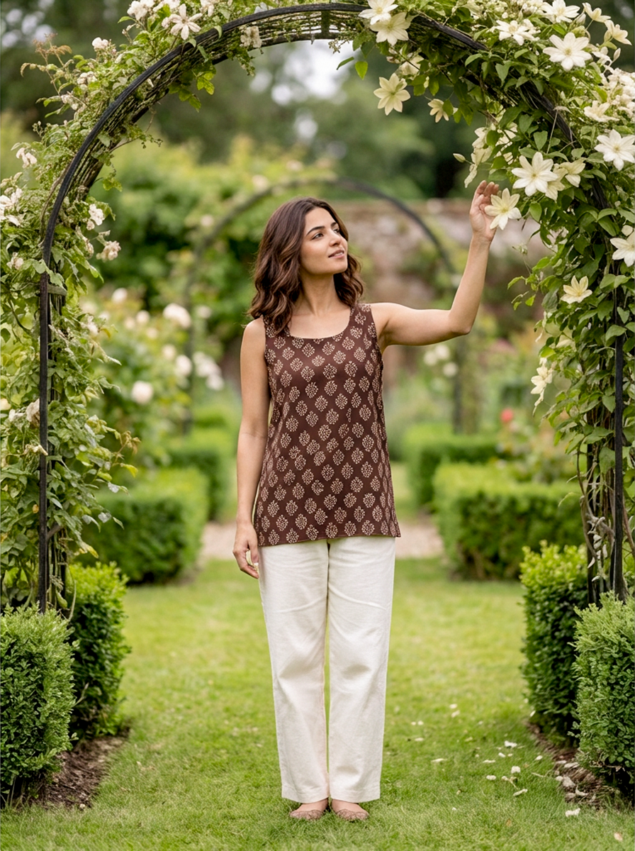 Brown Handblock Cotton Sleeveless Top — view 1