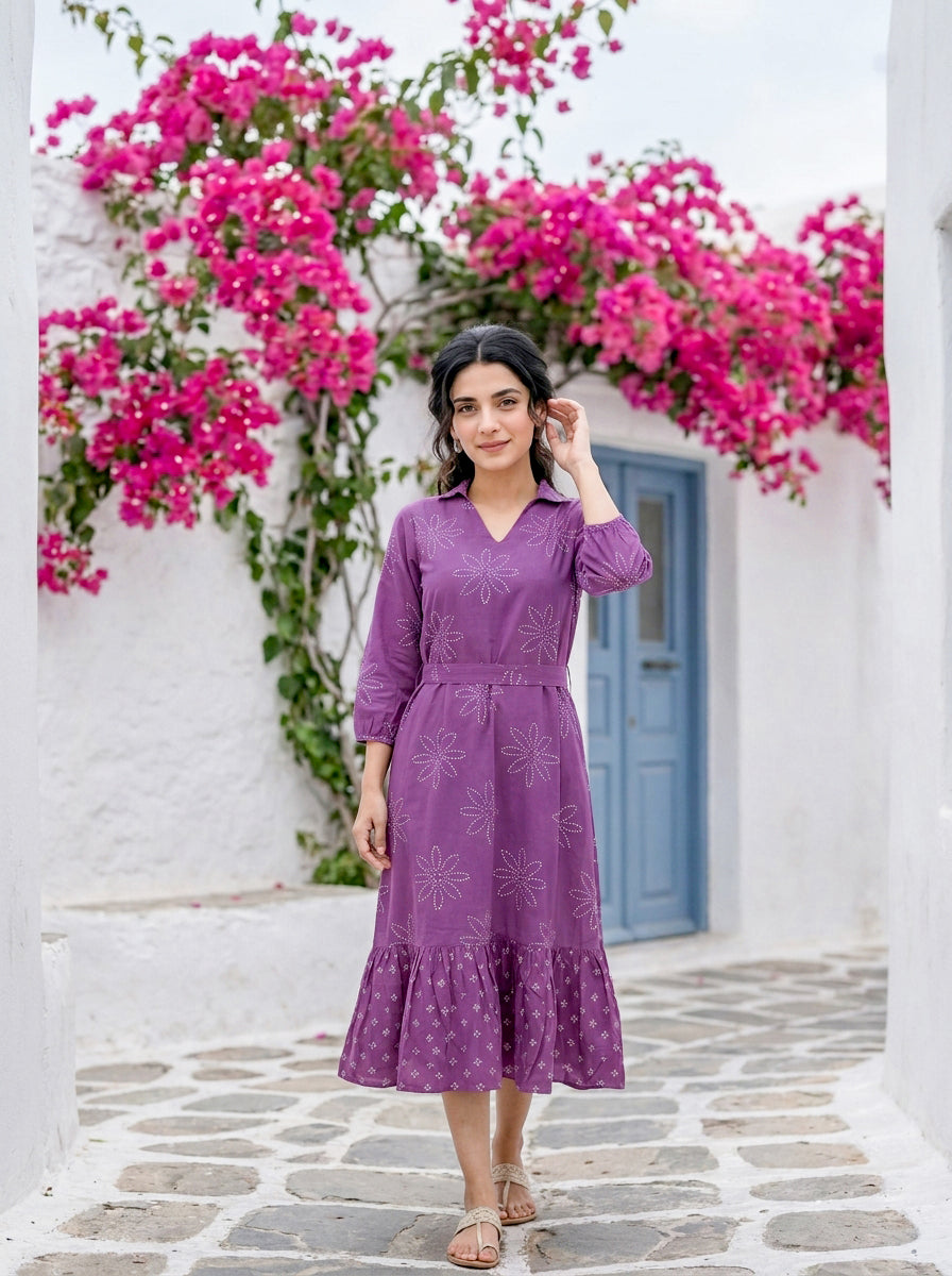 Lilac Bandhej Handblock Cotton Collared Tiered Dress — front view