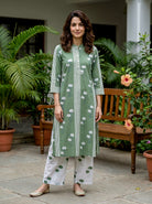 Sage Green Floral Handblock Cotton Co-ord Set with White Palazzo — front view