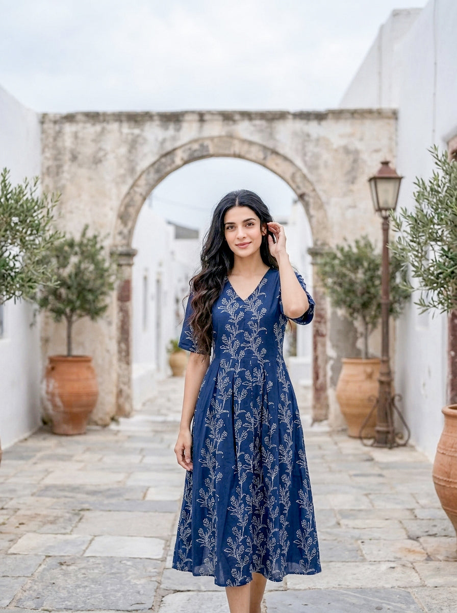 Indigo Botanical Handblock Cotton Fit-and-Flare Dress — front view