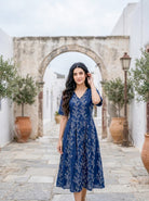 Indigo Botanical Handblock Cotton Fit-and-Flare Dress — front view