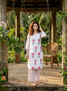 Ivory & Pink Rose Handblock Cotton Co-ord Set — front view