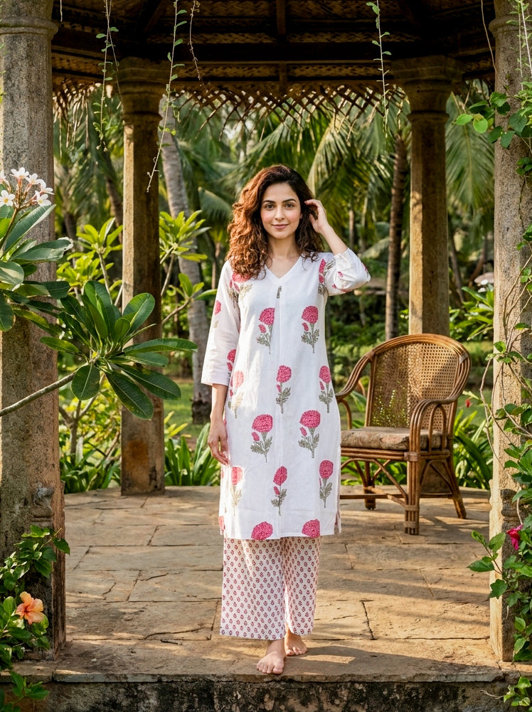 Ivory & Pink Rose Handblock Cotton Co-ord Set — front view