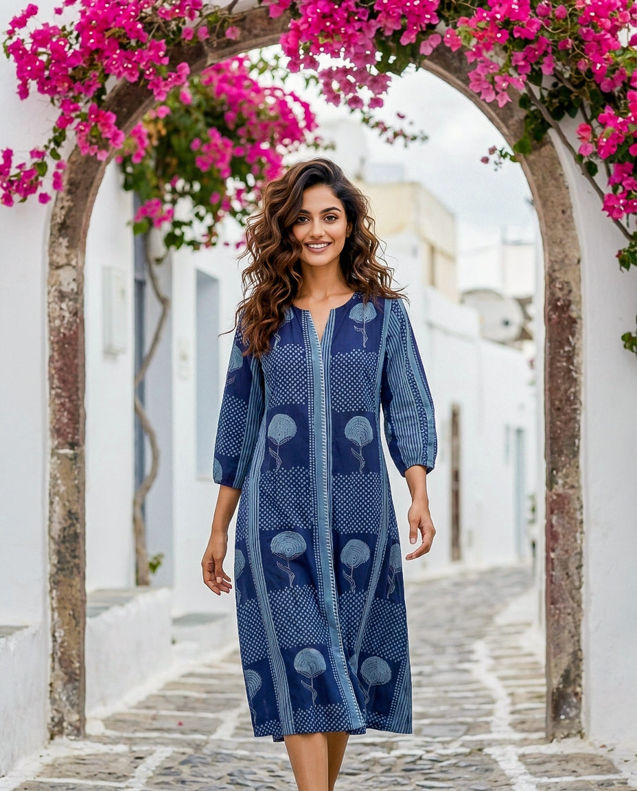 Indigo Handblock Cotton Dress with Round Collar — front view