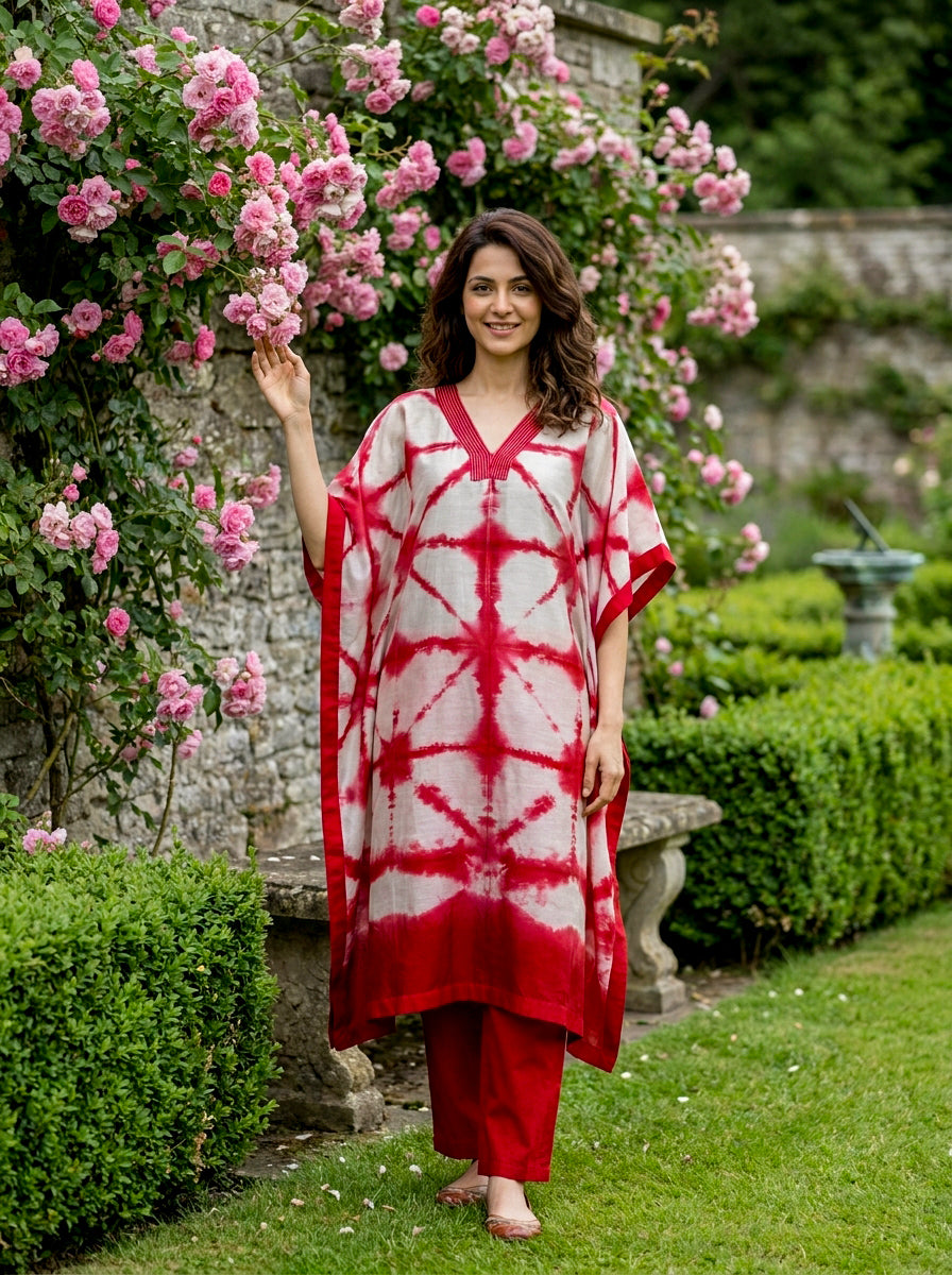 Coral Red Tie-Dye Cotton Kaftan with Pants — view 1