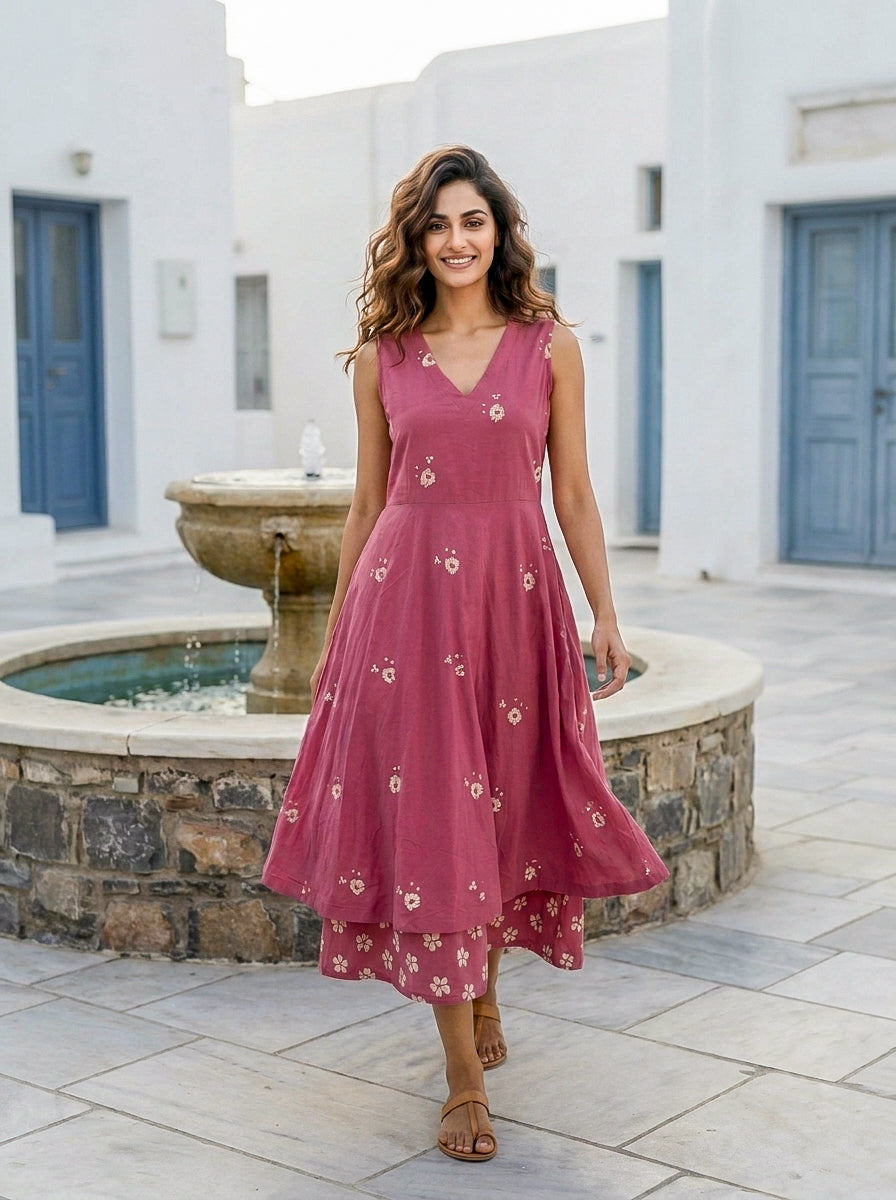 Pink Handblock Sleeveless Double-Layered Cotton V-Neck Dress — front view