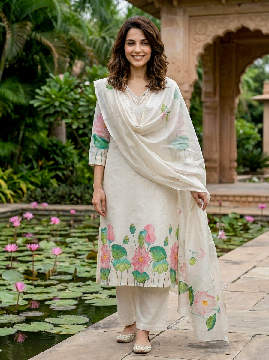 Ivory Hand-Painted Lotus Cotton Kurta with Pants & Chanderi Dupatta — view 1
