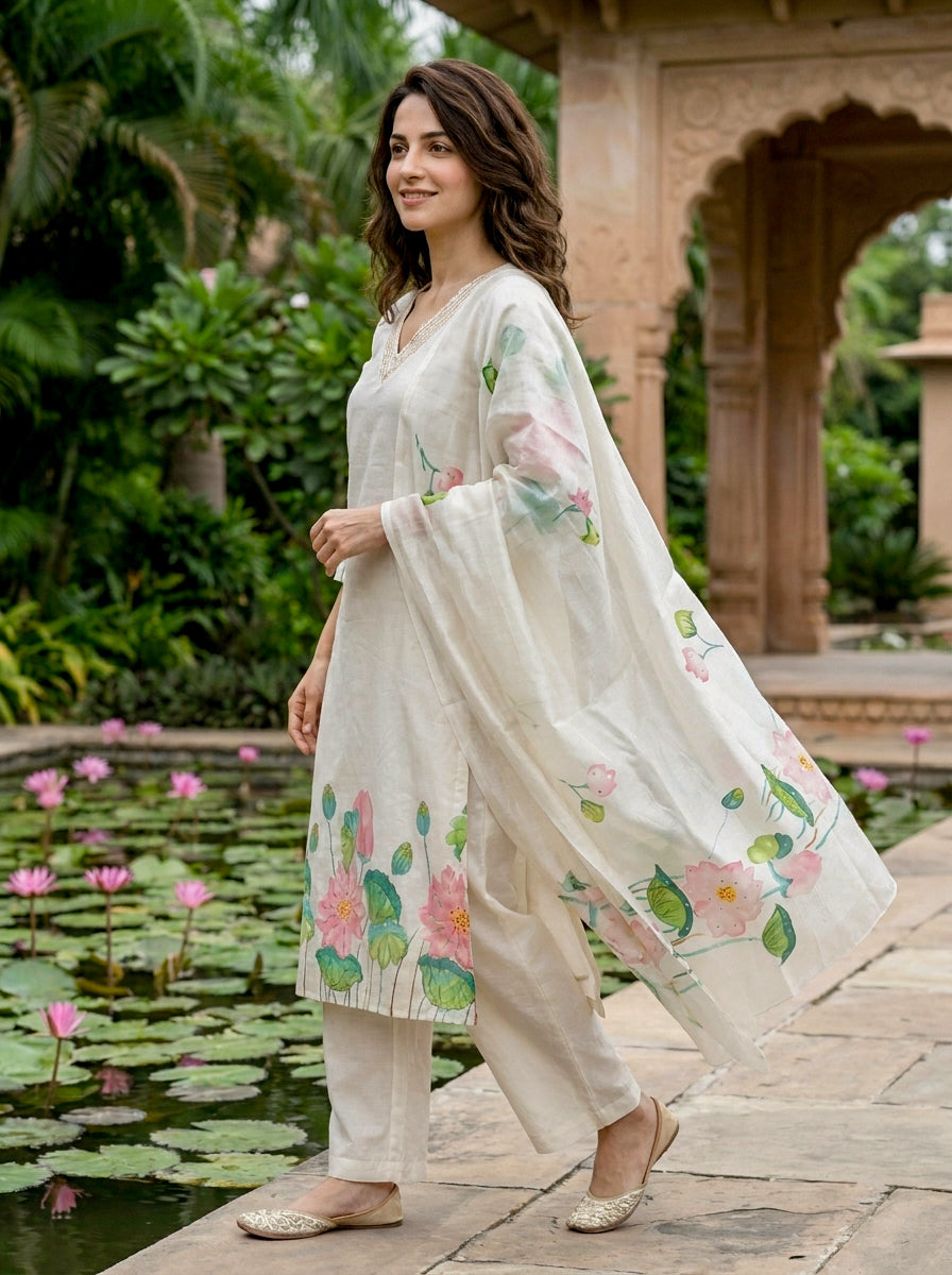 Ivory Hand-Painted Lotus Cotton Kurta with Pants & Chanderi Dupatta — view 3