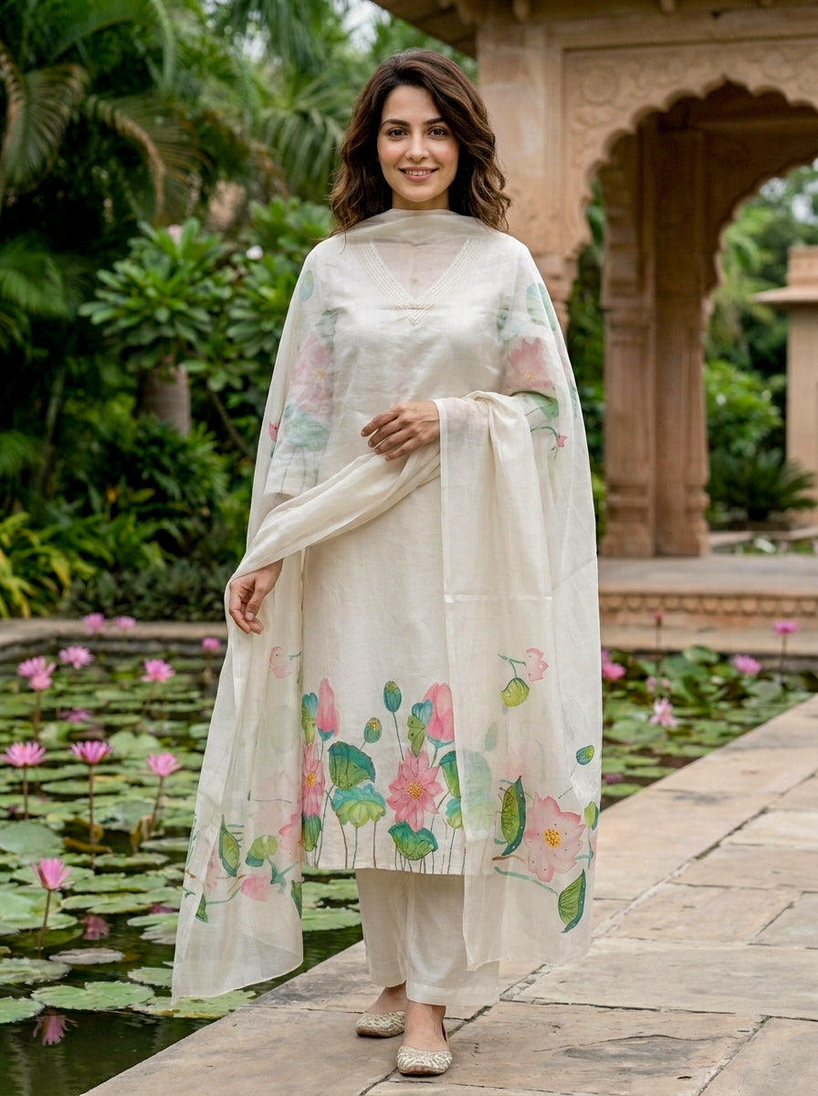 Ivory Hand-Painted Lotus Cotton Kurta with Pants & Chanderi Dupatta — view 6