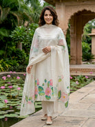 Ivory Hand-Painted Lotus Cotton Kurta with Pants & Chanderi Dupatta — view 6
