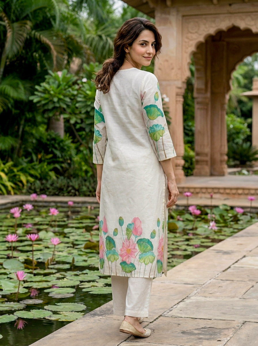 Ivory Hand-Painted Lotus Cotton Kurta with Pants & Chanderi Dupatta — view 5