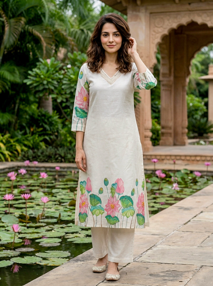 Ivory Hand-Painted Lotus Cotton Kurta with Pants & Chanderi Dupatta — view 2