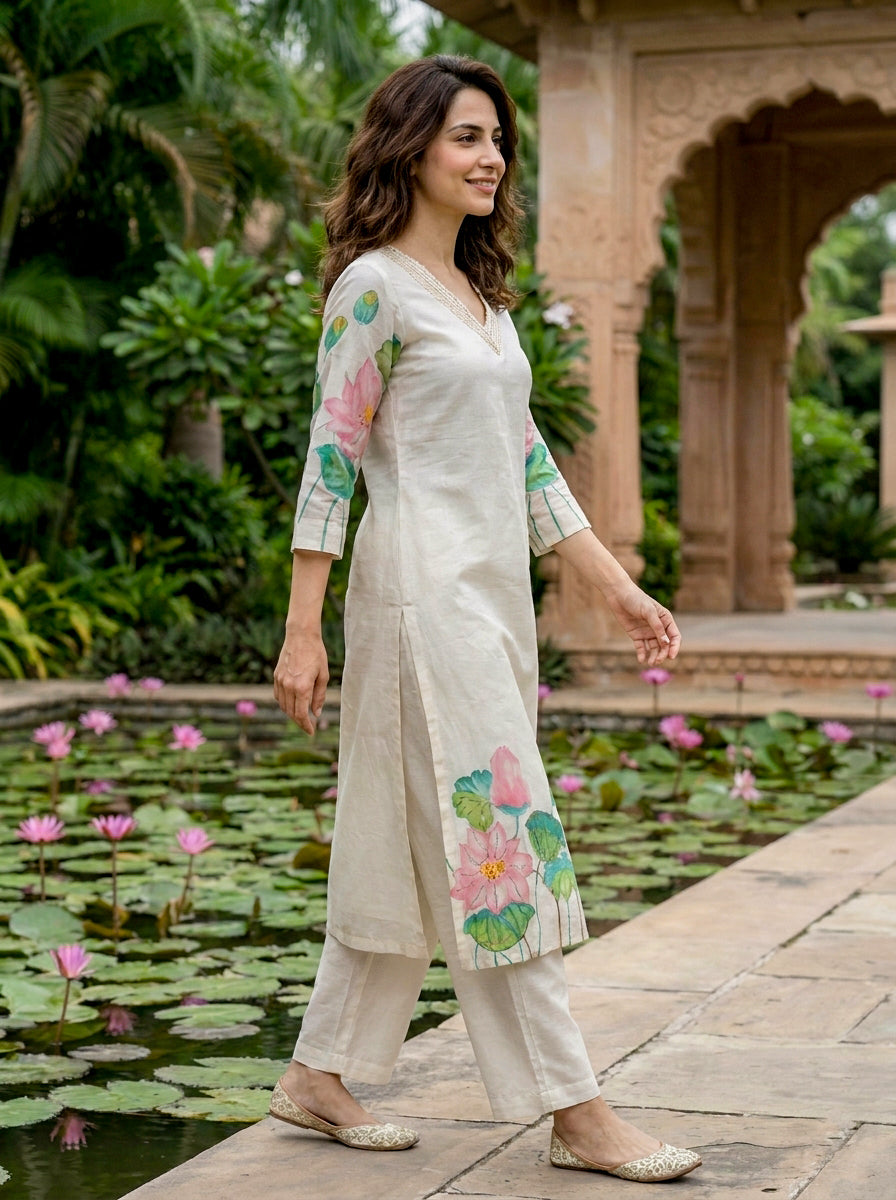Ivory Hand-Painted Lotus Cotton Kurta with Pants & Chanderi Dupatta — view 4