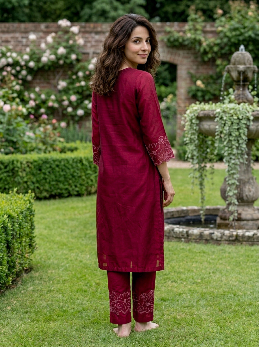 Wine Red Embroidered Chanderi Silk Suit Set with Pants & Dupatta — kurta back view