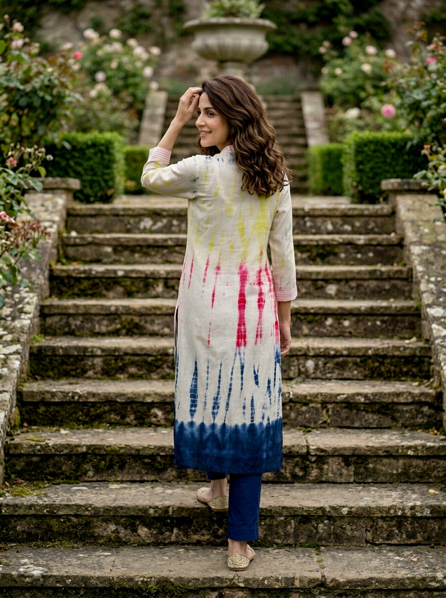 Ivory Tie-Dye Cotton Kurta with Blue Pants & Chanderi Dupatta — view 5