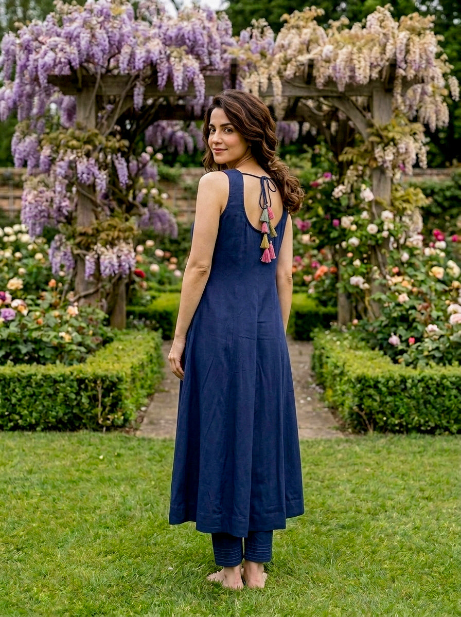 Indigo Modal Kurta with Pants & Mustard Chanderi Dupatta — view 4