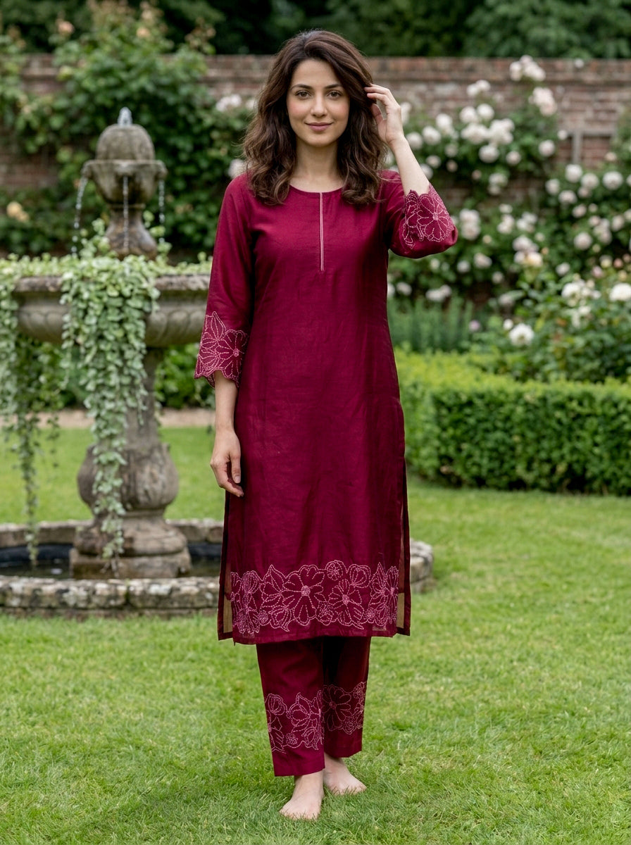 Wine Red Embroidered Chanderi Silk Suit Set with Pants & Dupatta — kurta front view