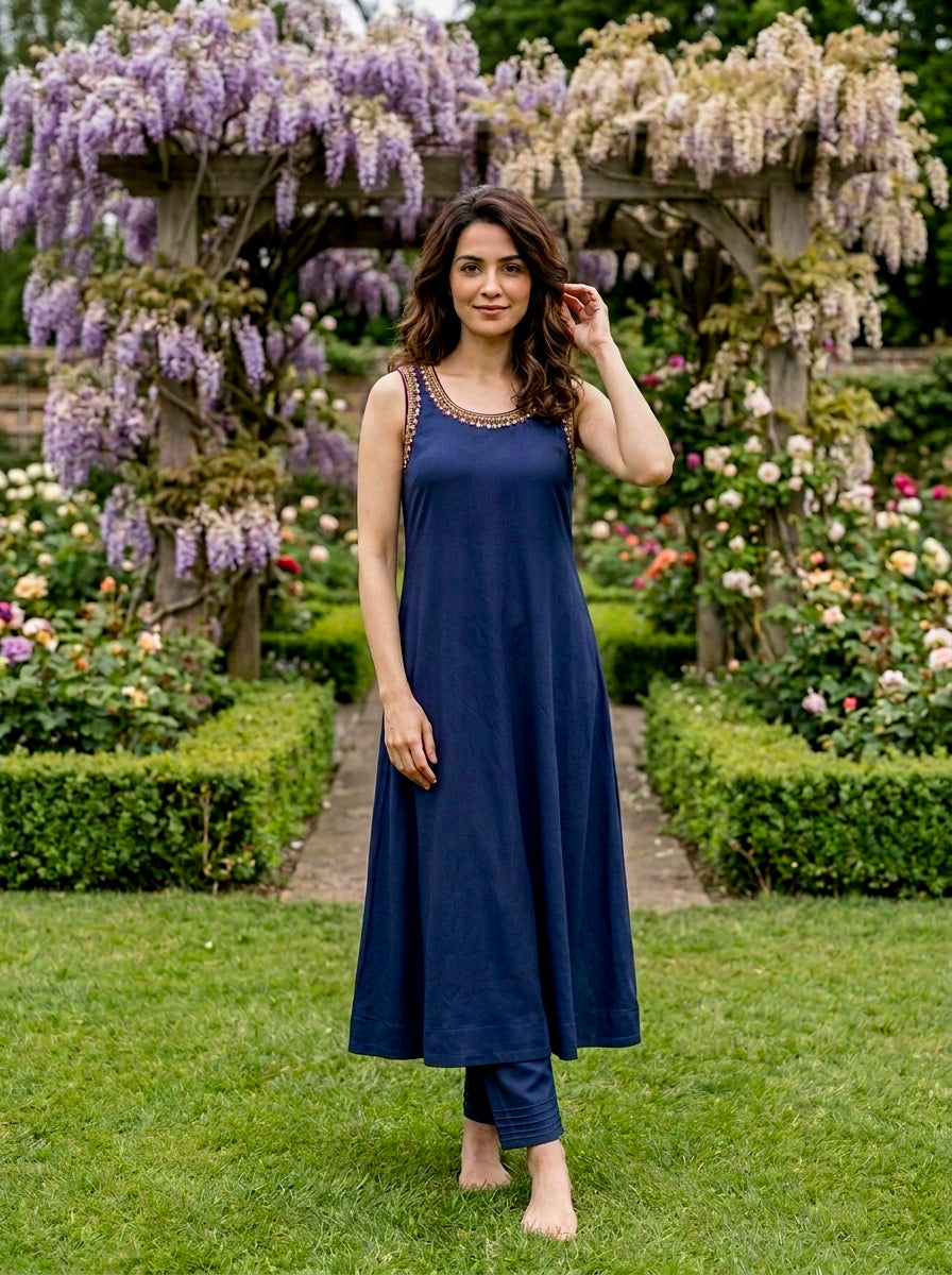 Indigo Modal Kurta with Pants & Mustard Chanderi Dupatta — view 2