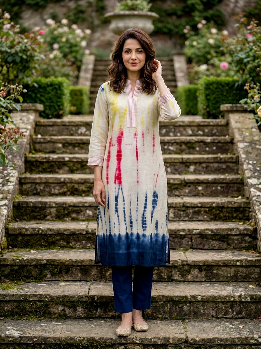 Ivory Tie-Dye Cotton Kurta with Blue Pants & Chanderi Dupatta — view 2