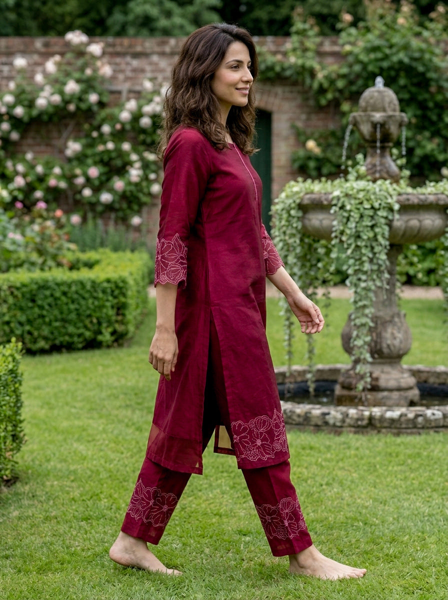 Wine Red Embroidered Chanderi Silk Suit Set with Pants & Dupatta — kurta side view