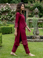 Wine Red Embroidered Chanderi Silk Suit Set with Pants & Dupatta — kurta side view