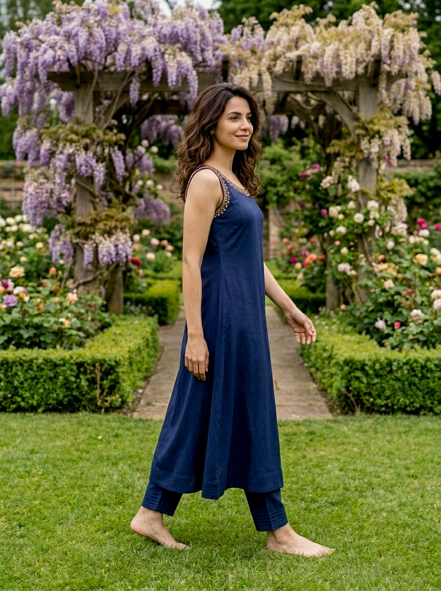 Indigo Modal Kurta with Pants & Mustard Chanderi Dupatta — view 3