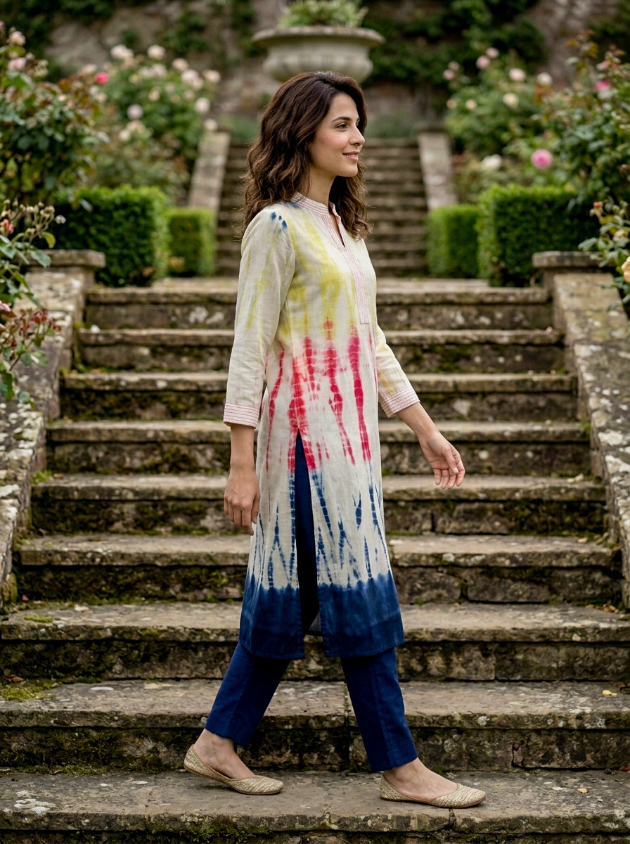 Ivory Tie-Dye Cotton Kurta with Blue Pants & Chanderi Dupatta — view 3