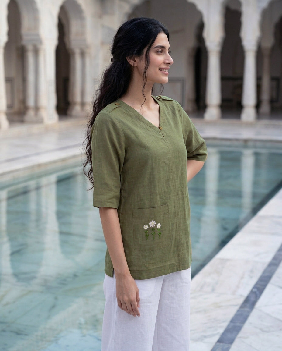 Olive Hand-Embroidered Cotton Slub V-Neck Top — side view