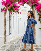 Indigo Handblock Cotton Dress with Round Collar — side view