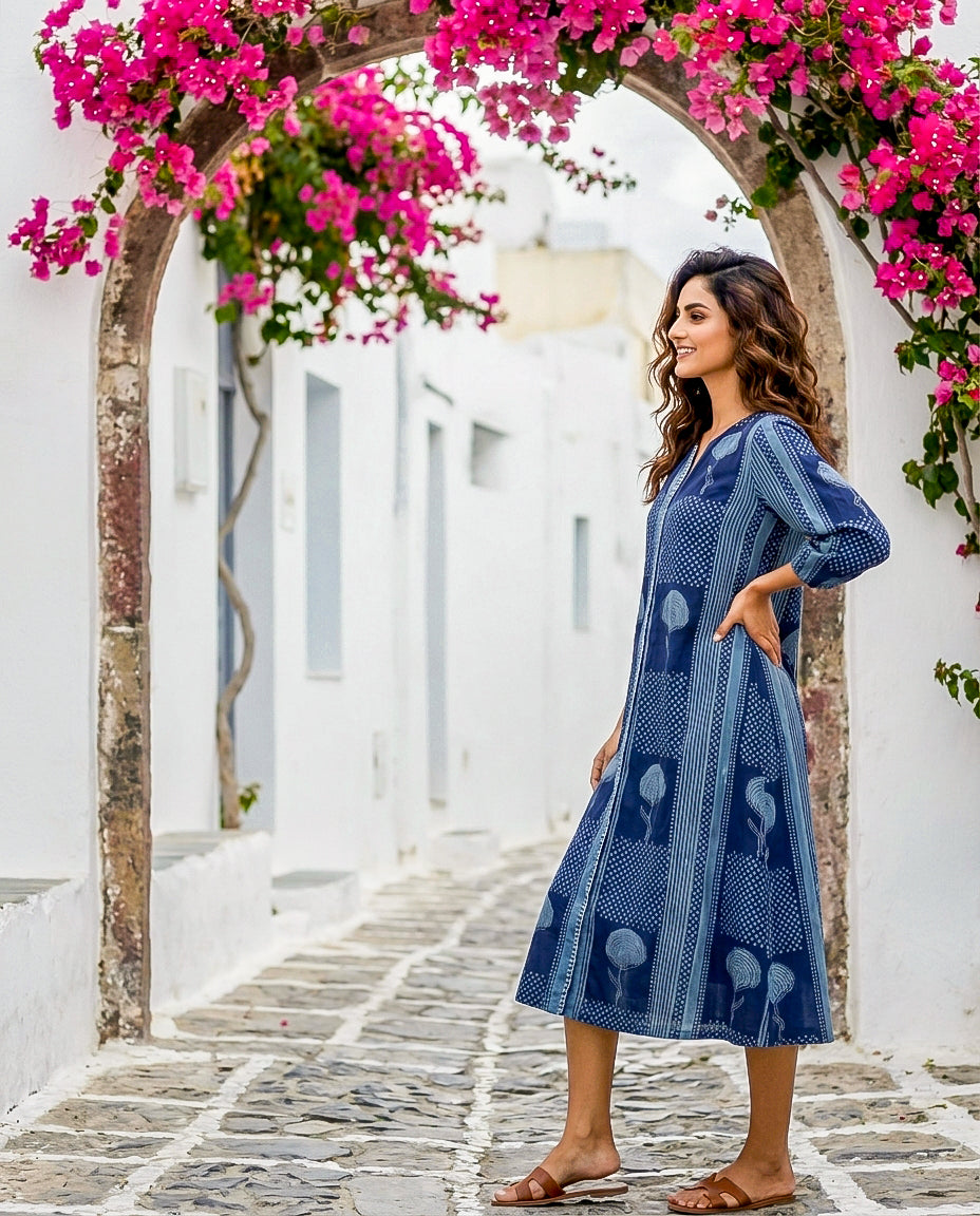 Indigo Handblock Cotton Dress with Round Collar — side view