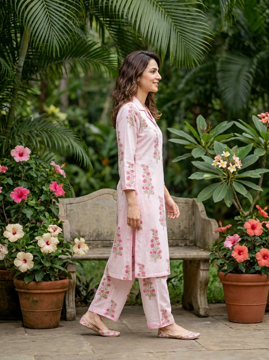 Baby Pink Floral Handblock Cotton Co-ord Set — side view