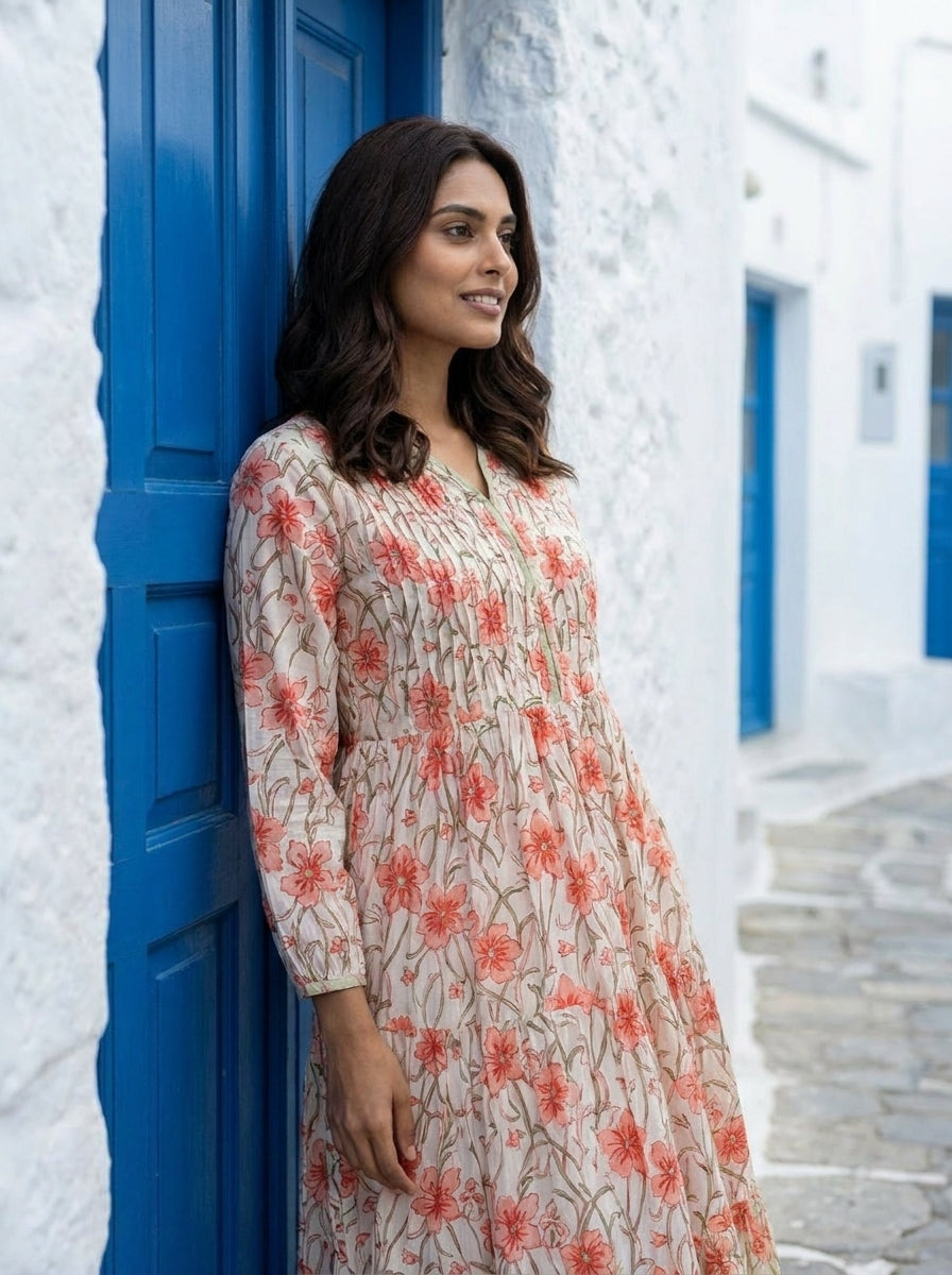 White & Peach Floral Handblock Tiered Cotton Dress — side view