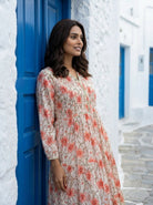 White & Peach Floral Handblock Tiered Cotton Dress — side view