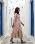 White & Peach Floral Handblock Tiered Cotton Dress — side view